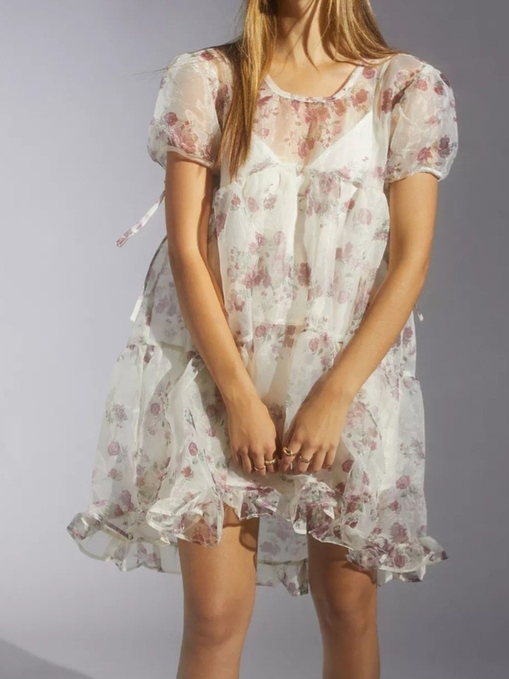 Sister Jane Wildflower Canopy Mini Babydoll Dress Sheer Pink Floral Tiered L